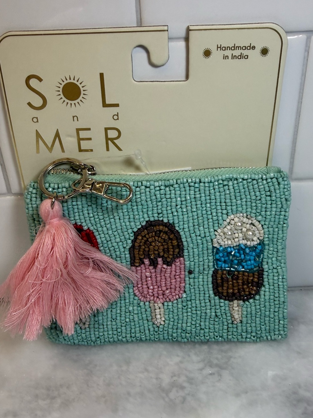 SOL and MER Beaded Ice Cream Coin Purse - Mint with Pink Tassel NWT